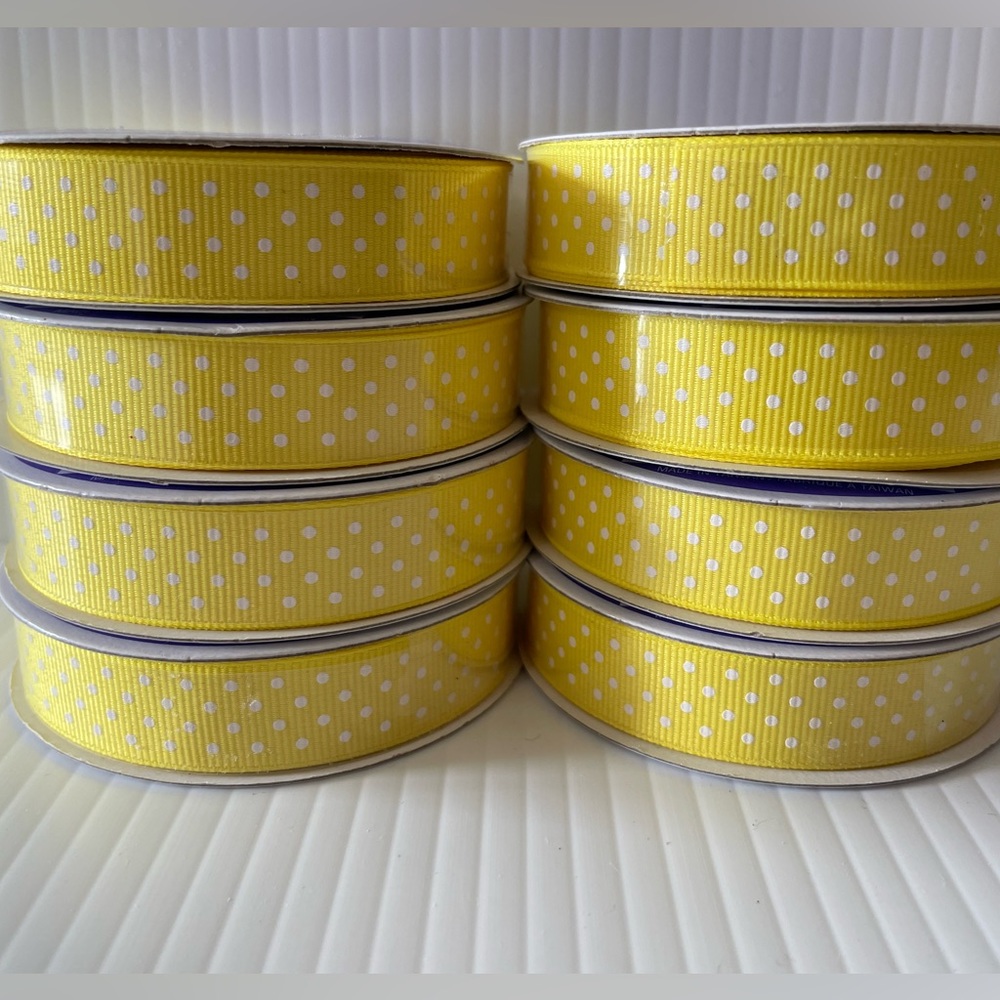 8 Rolls of Grosgrain Ribbon 5/8”x 7 yd Yellow with White polka dots NEW
